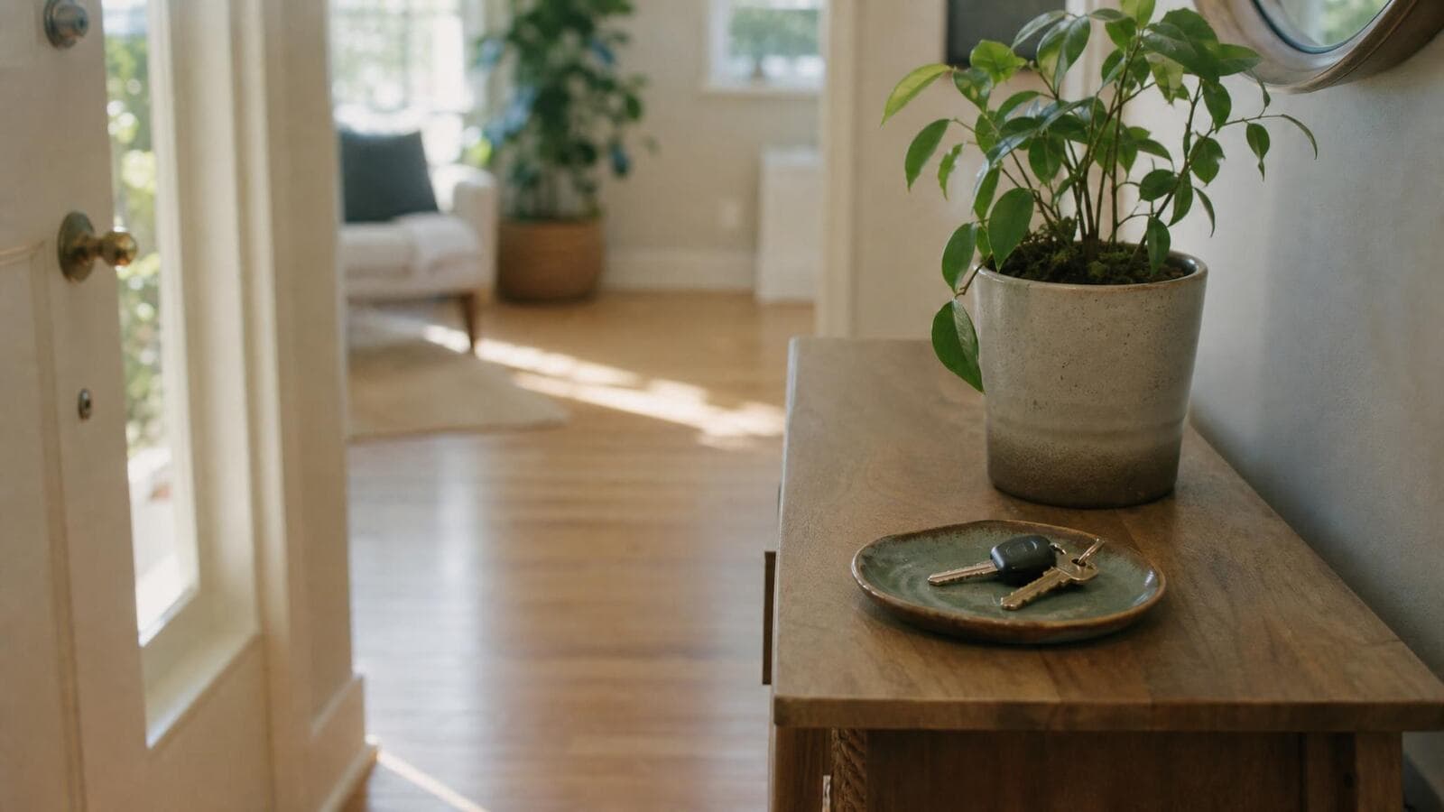 A quiet entry table inside a home, with a set of keys on a ceramic dish beside a potted plant, lit by soft morning light from the front windows.